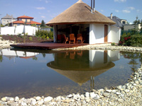 Biotop v záhrade rodinného domčeka s využitím osvetlenie LED diódami.